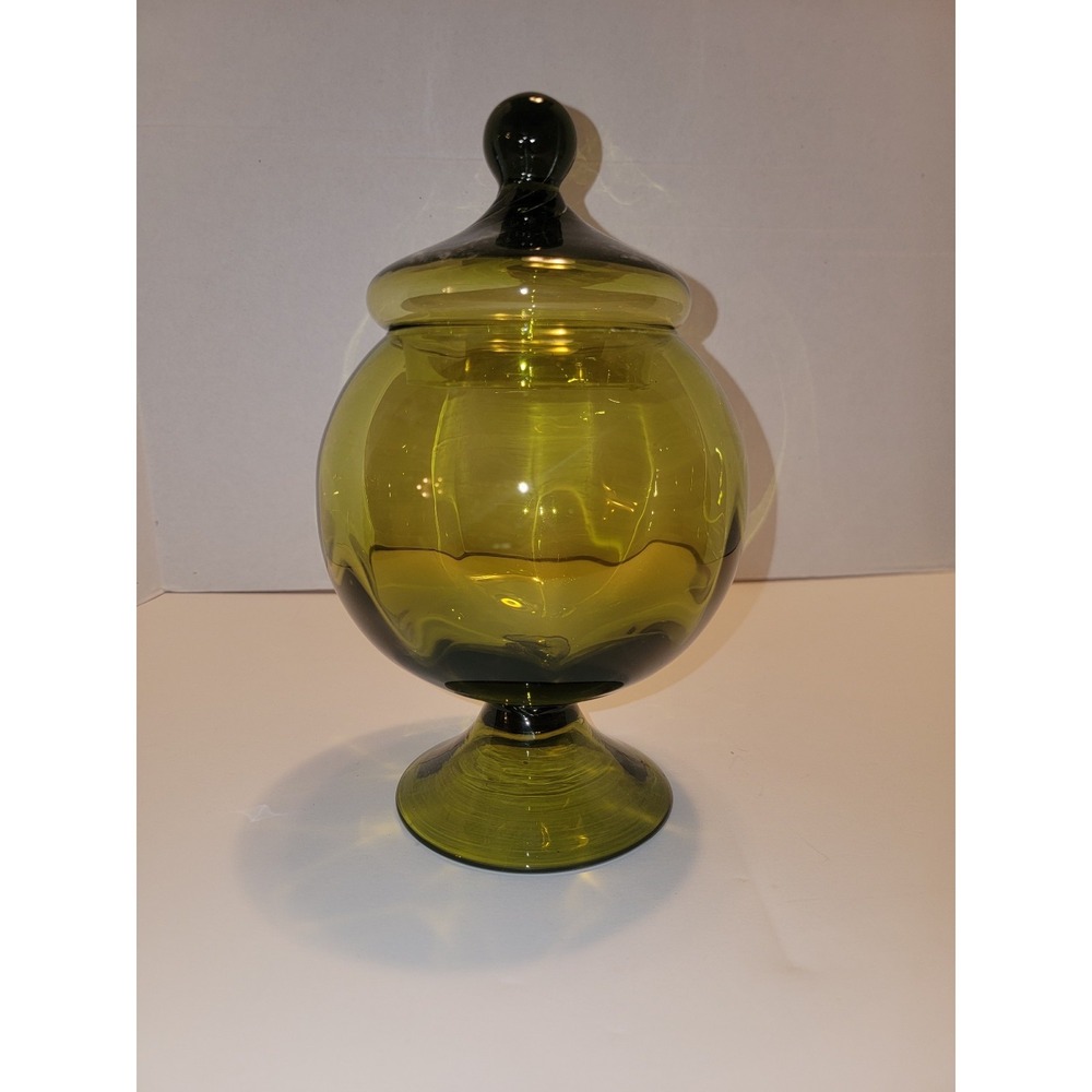 Vtg Empoli Style Glass 8.5" TALL GREEN Apothecary Covered Candy Jar Circus Tent